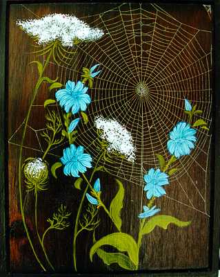 A painting of cornflowers with real web